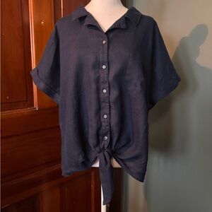 Charter Club Luxury 100% Linen Top Size XL Navy Button down with Tie